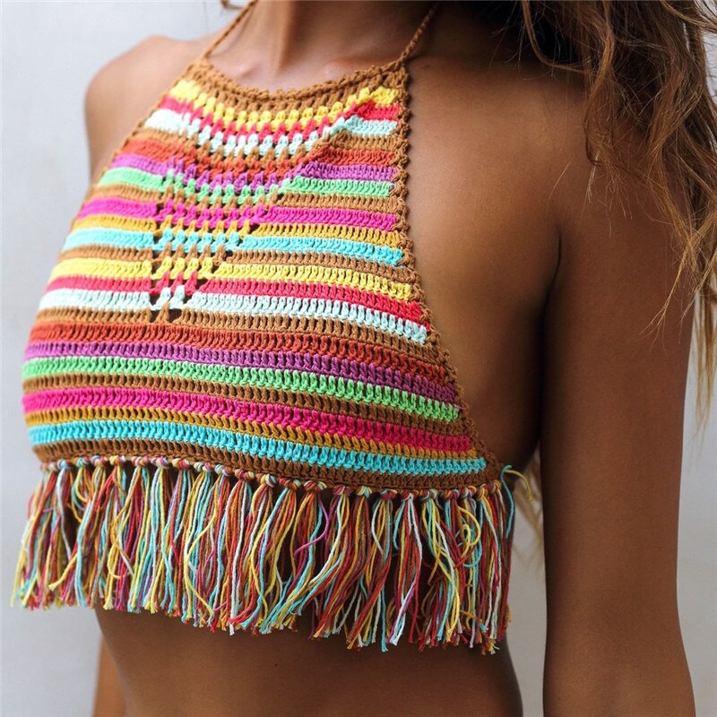 Handmade Crochet Striped Halterneck Top - Festigal