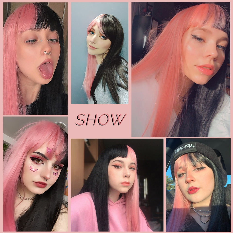 Pink & Black Two Tone Wig With Bangs - Festigal