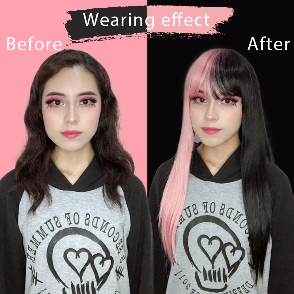 Pink & Black Two Tone Wig With Bangs - Festigal