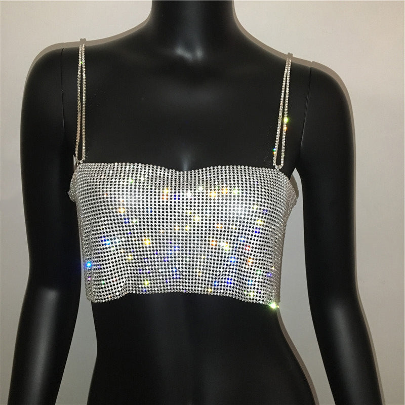 Shiny Crystal Metal Chain Crop Top - Festigal