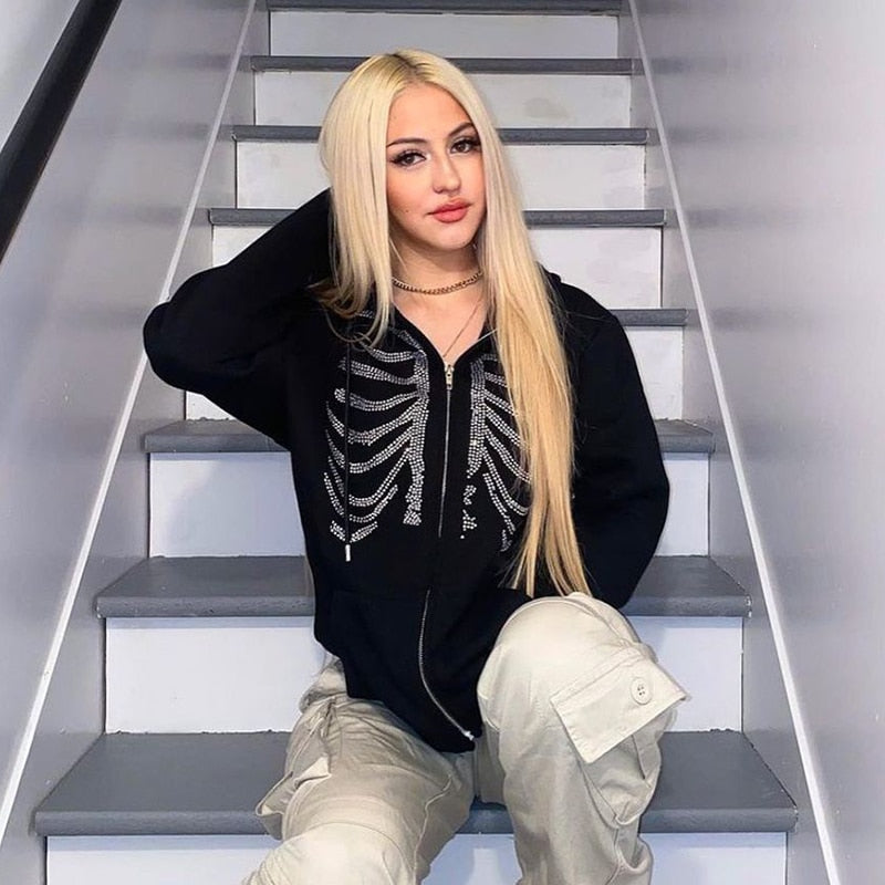 Y2K Rhinestone Skeleton Oversized Sweatshirt - Festigal