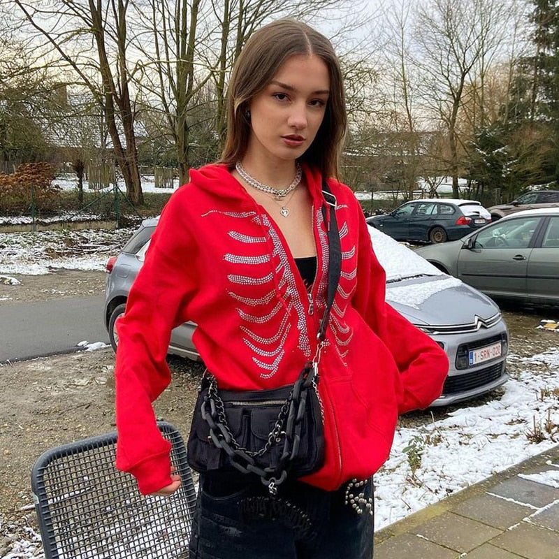 Y2K Rhinestone Skeleton Oversized Sweatshirt - Festigal