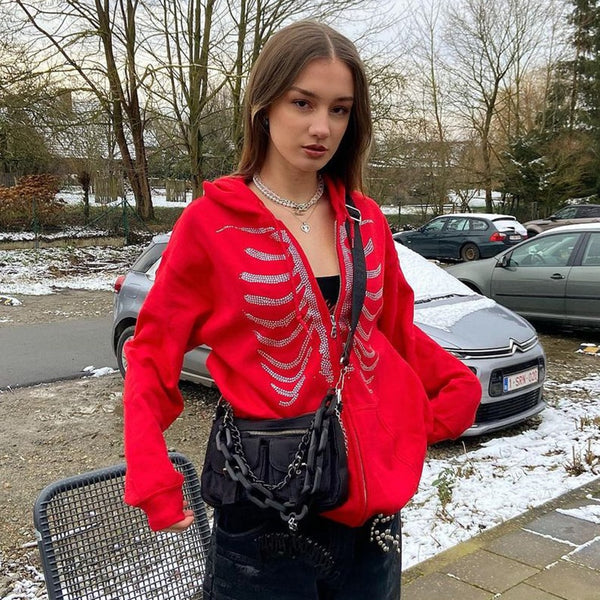 Y2K Rhinestone Skeleton Oversized Sweatshirt - Festigal