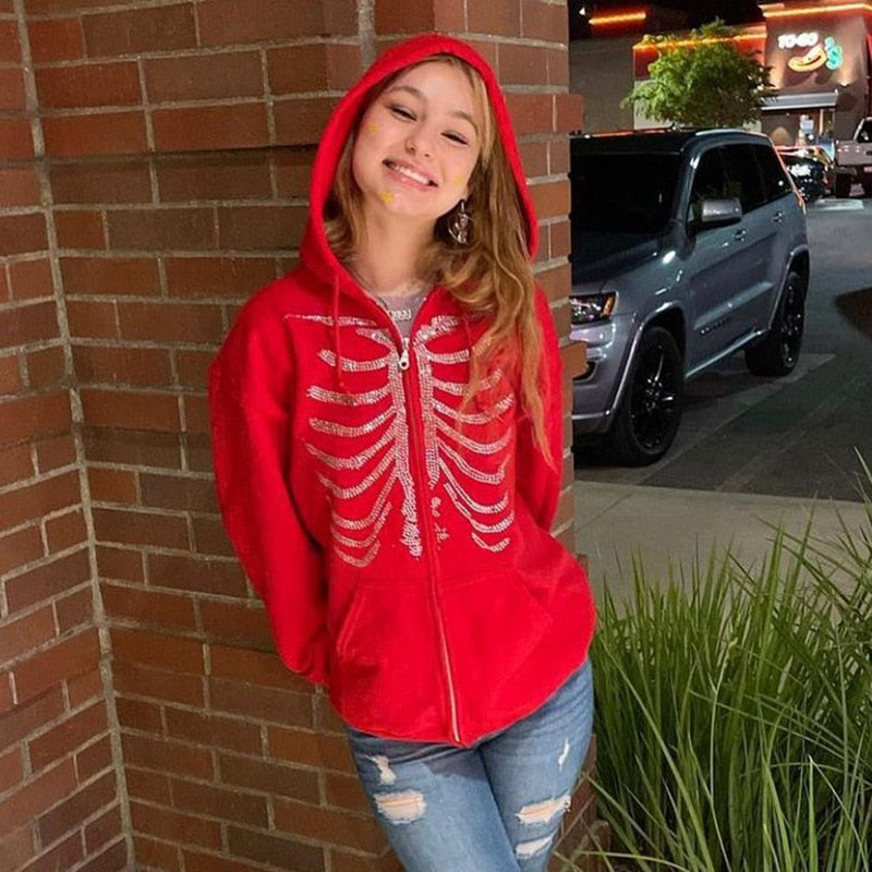 Y2K Rhinestone Skeleton Oversized Sweatshirt - Festigal
