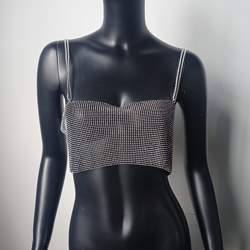 Shiny Crystal Metal Chain Crop Top - Festigal