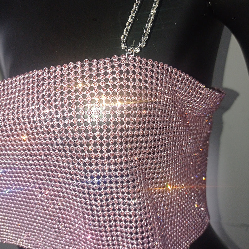 Shiny Crystal Metal Chain Crop Top - Festigal