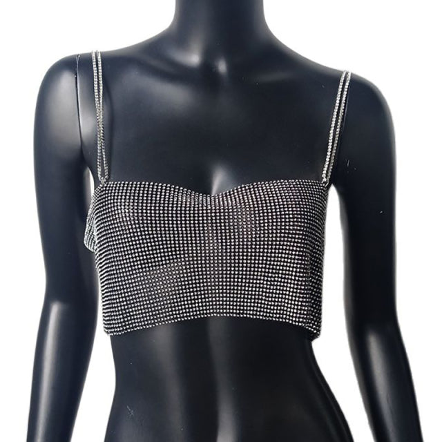 Shiny Crystal Metal Chain Crop Top - Festigal
