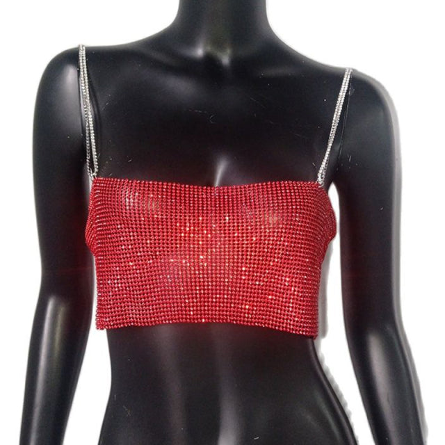 Shiny Crystal Metal Chain Crop Top - Festigal