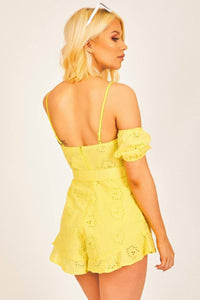 Yellow Eyelet Bardot Playsuit - Festigal