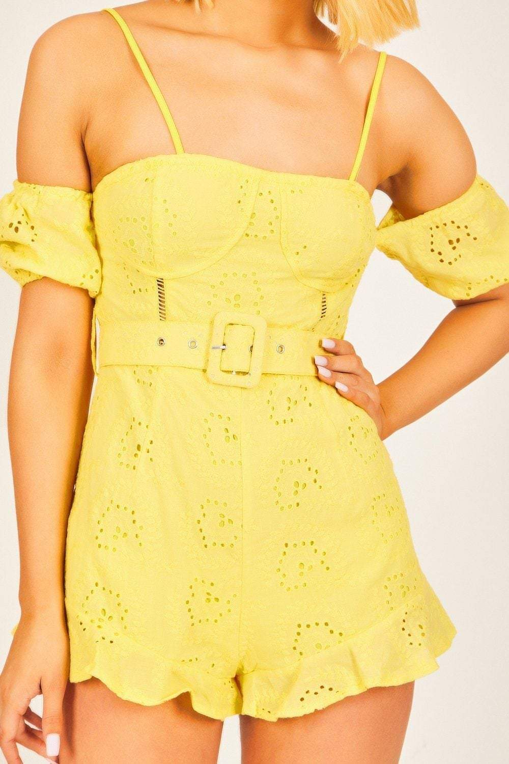 Yellow Eyelet Bardot Playsuit - Festigal